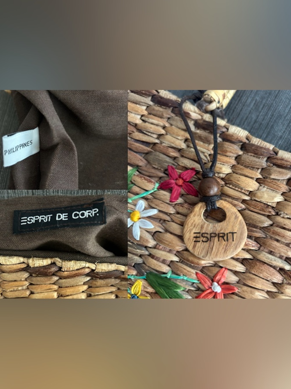 Esprit de Corp Vintage 80s Floral Embroidered Straw Woven Boho Market Tote Bag - Picture 4 of 10